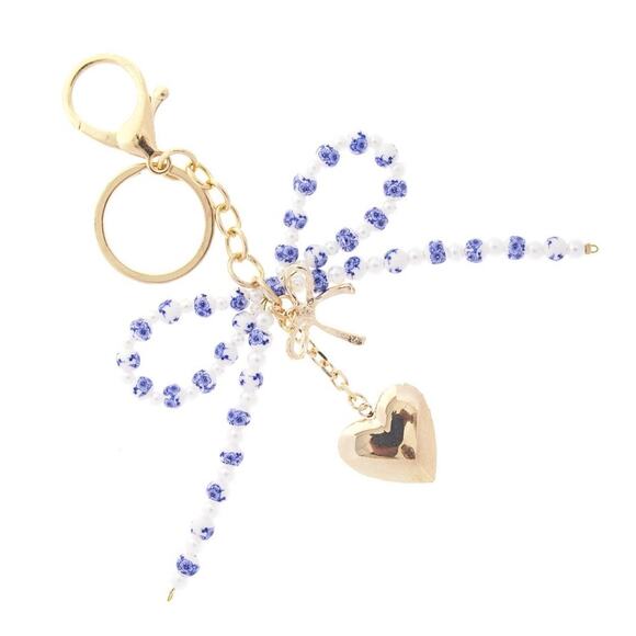 Blue White Porcelain Pearl Beaded Coquette Bow Heart Keyring Keychain Bag Charm - Picture 1 of 2